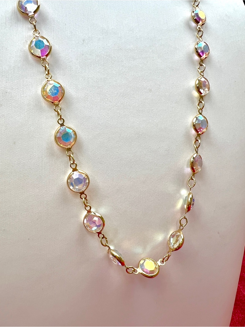 Vintage Swarovski AB Crystal Coin Necklace, Gold Tone Bezel Set, 24” SIGNED